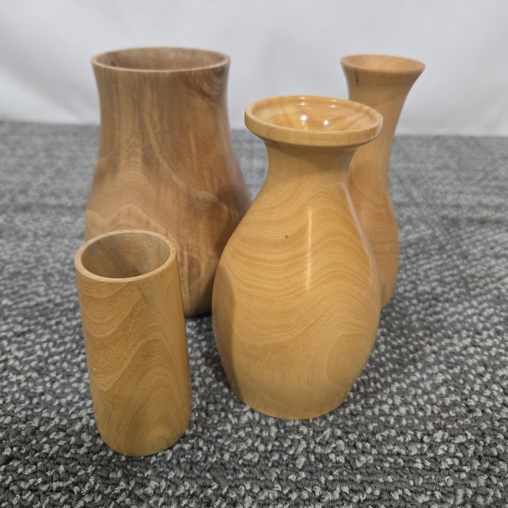 Vintage Hand Turned Wood Vases Set of 4 Signed Artisan Elm Oak Grapefruit 1998–2